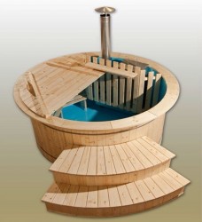 Plastic hot tub with spruce trim and hydromassage system.